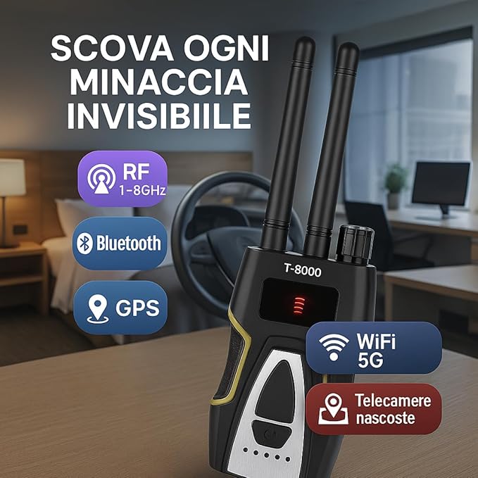 Rilevatore Microspie e Microcamere Spia – Analisi di Segnali RF, Campi Elettromagnetici e Interferenze Invisibili per Sicurezza e Privacy – Rilevamento Portatile Micro Camere (T8000)