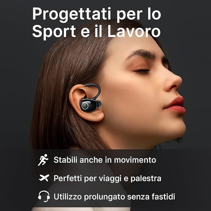 Auricolari Bluetooth con gancio auricolare ergonomico – Suono Hi-Fi, microfono integrato, lunga autonomia, ideali per sport, lavoro e tempo libero