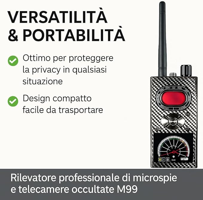 Rilevatore Professionale di microspie e telecamere occultate, Microfoni Occultati, Telecamere Invisibili e Localizzatori GPS in AUTO di tua proprietà o a NOLEGGIO, anche in Hotel e viaggi (M99)