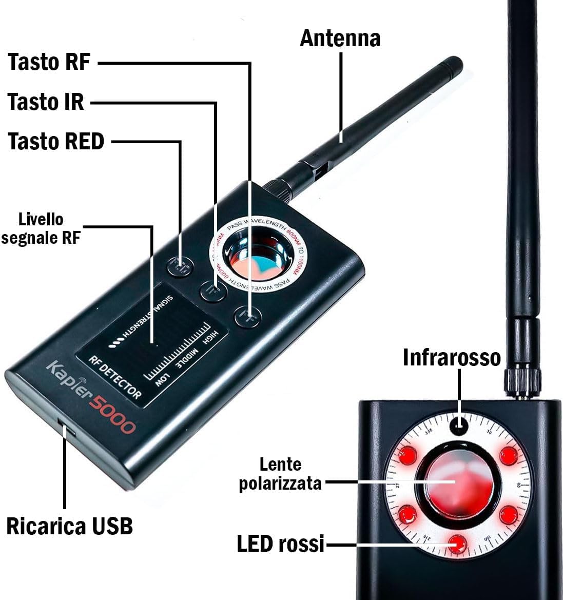Rilevatore Microspie, Telecamere Nascoste e GPS - Rilevatore Anti-spionaggio Portatile, Perfetto per Uffici, Hotel, Case e Viaggi - Proteggi la Privacy con Tecnologia Avanzata (KAPLER 5000)